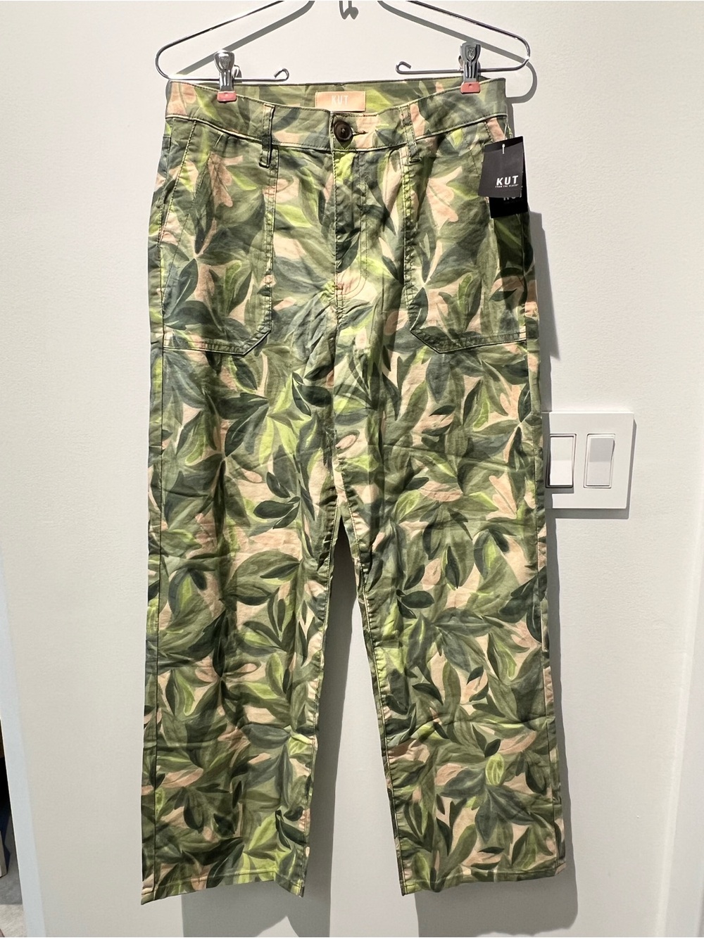 KUT from the Kloth Colette Olive Leaf Print Linen Pants 0 NWT